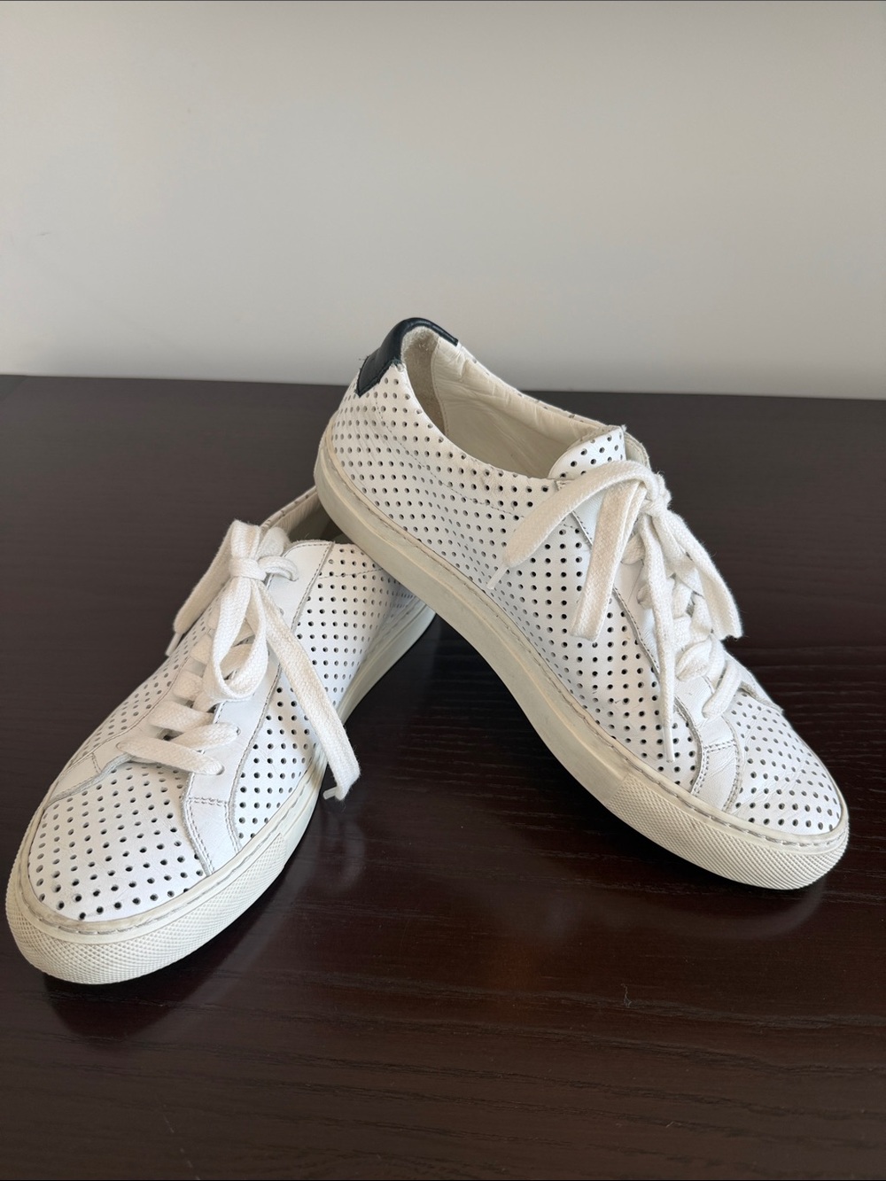 Common Projects White Perforated Leather Sneakers with Black Heel Accent